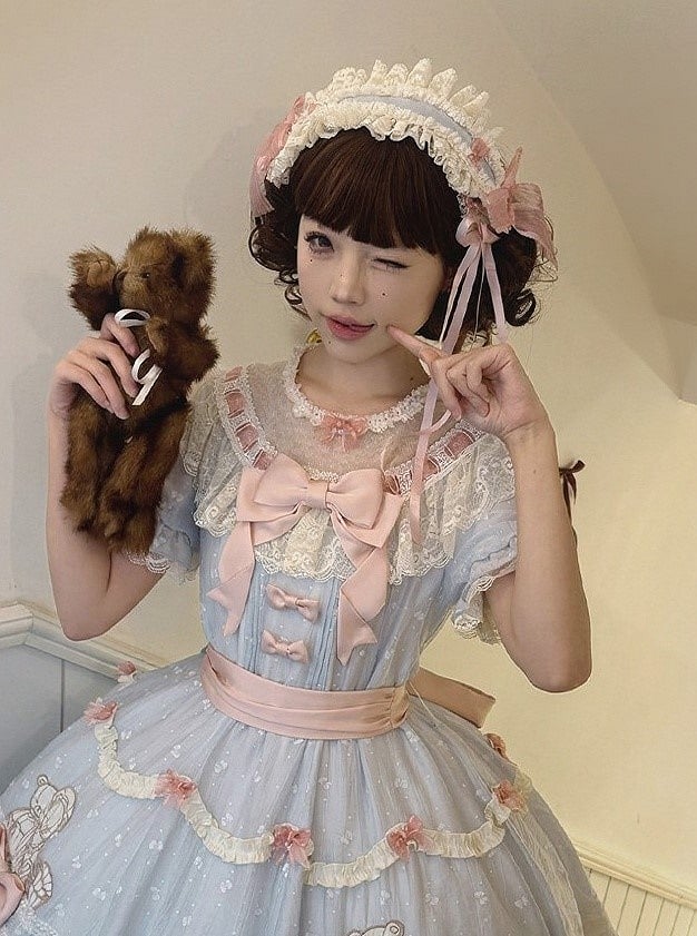 Tulle Lace-Trimmed Bow Blue Lolita Hairband with Beige