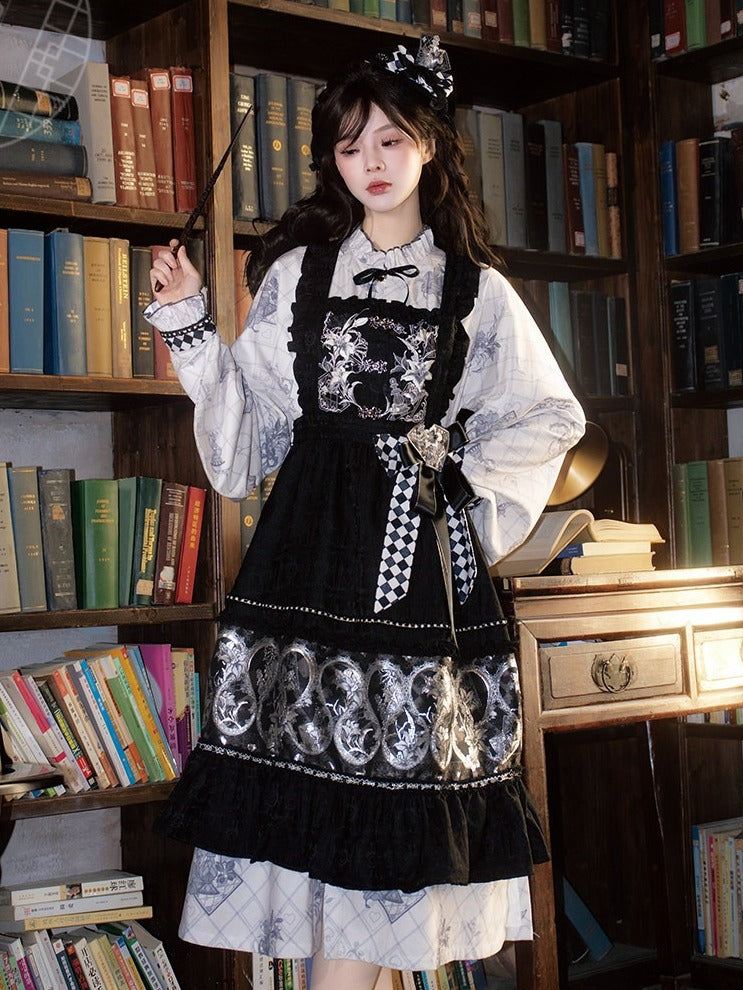 White Chess Theme Print Long Sleeve Dress Checkered Detail - Luo Xiu Dong Xiang