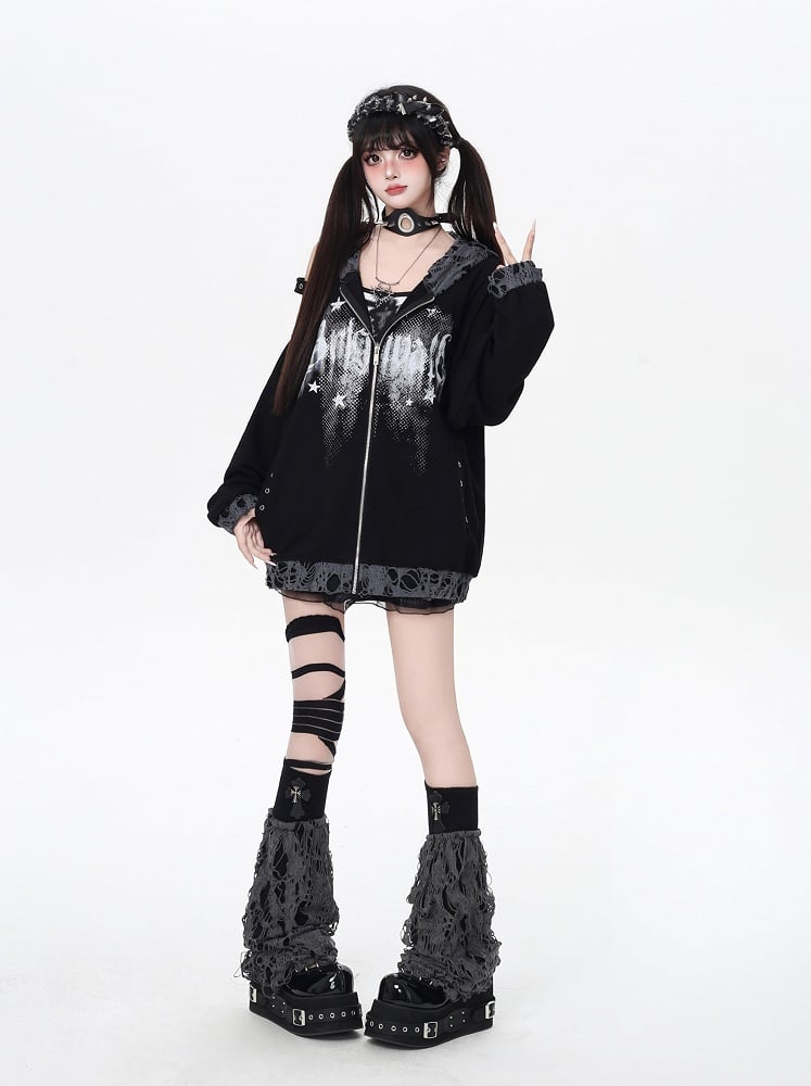 Kapuzenjacke mit Reißverschluss, Löchern im Used-Look und ausgeschnittener Schulterpartie, Weiß/Schwarz