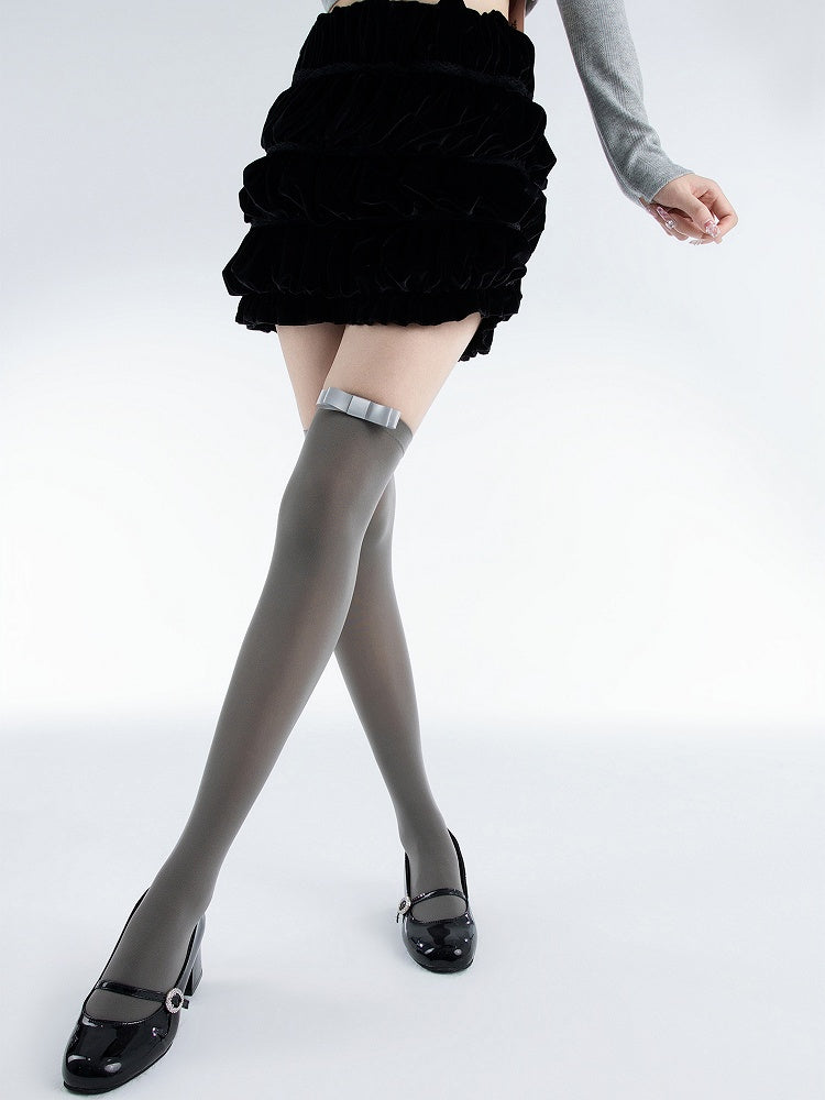 Decorated Over Bow JK White/Gray/Pink 48CM Stockings Creamy Knee