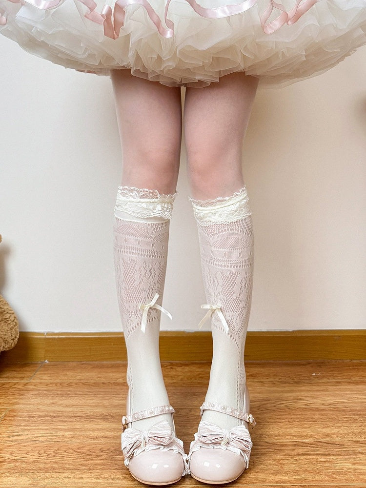 Lolita Calf Socks in White & Milk White with Lace Trim & Bow Accent - Fat Bear Story