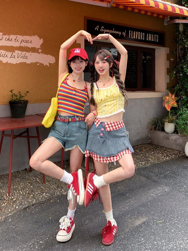 トリムレーススタープリントトップ イエローチェック柄 クロップド丈 ノースリーブ