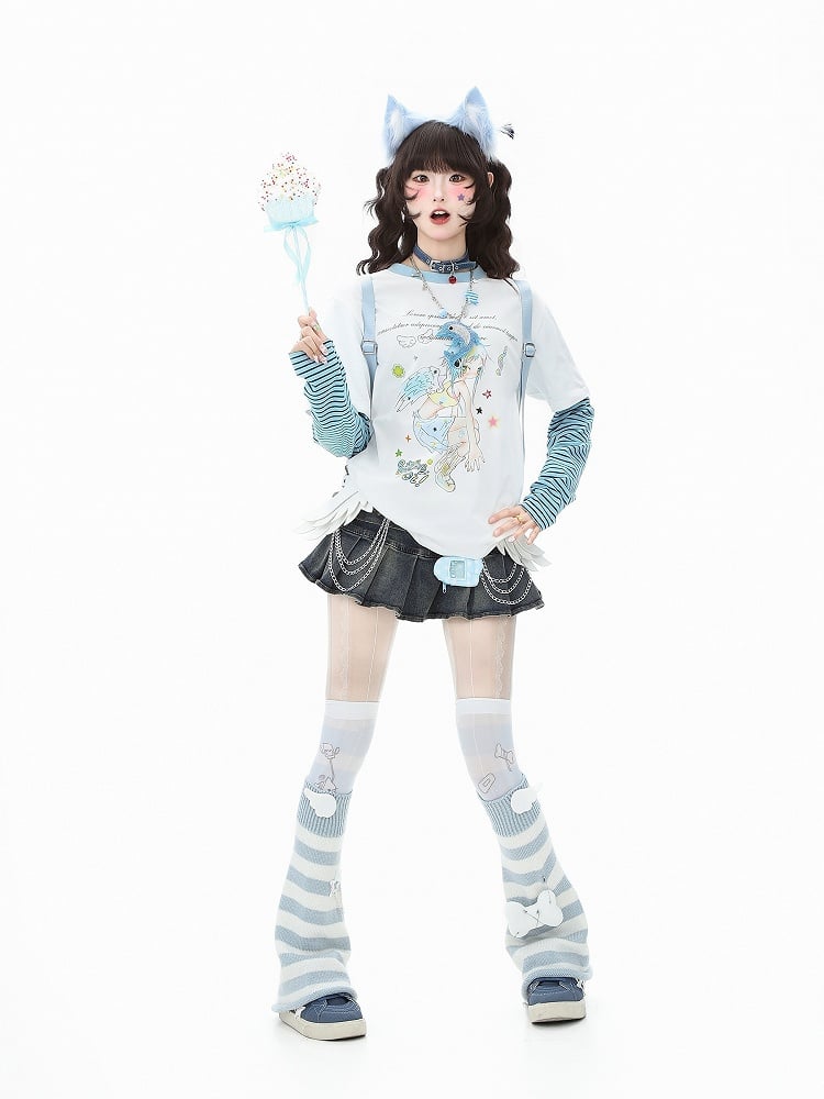 Green/White Sleeve Long Faux Two-Piece Top Y2K Cartoon Striped Print