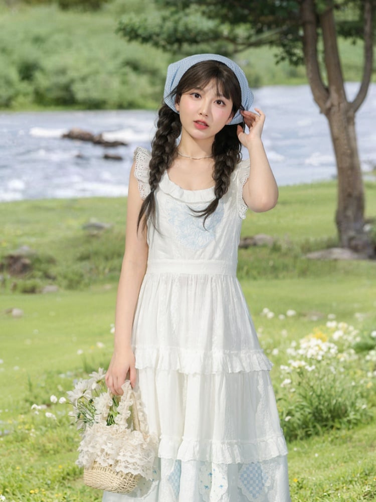 Overdress Trim Patch White Flutter Sleeves Lace Embroidery Plaid Tiered Cutton Skirt Blue