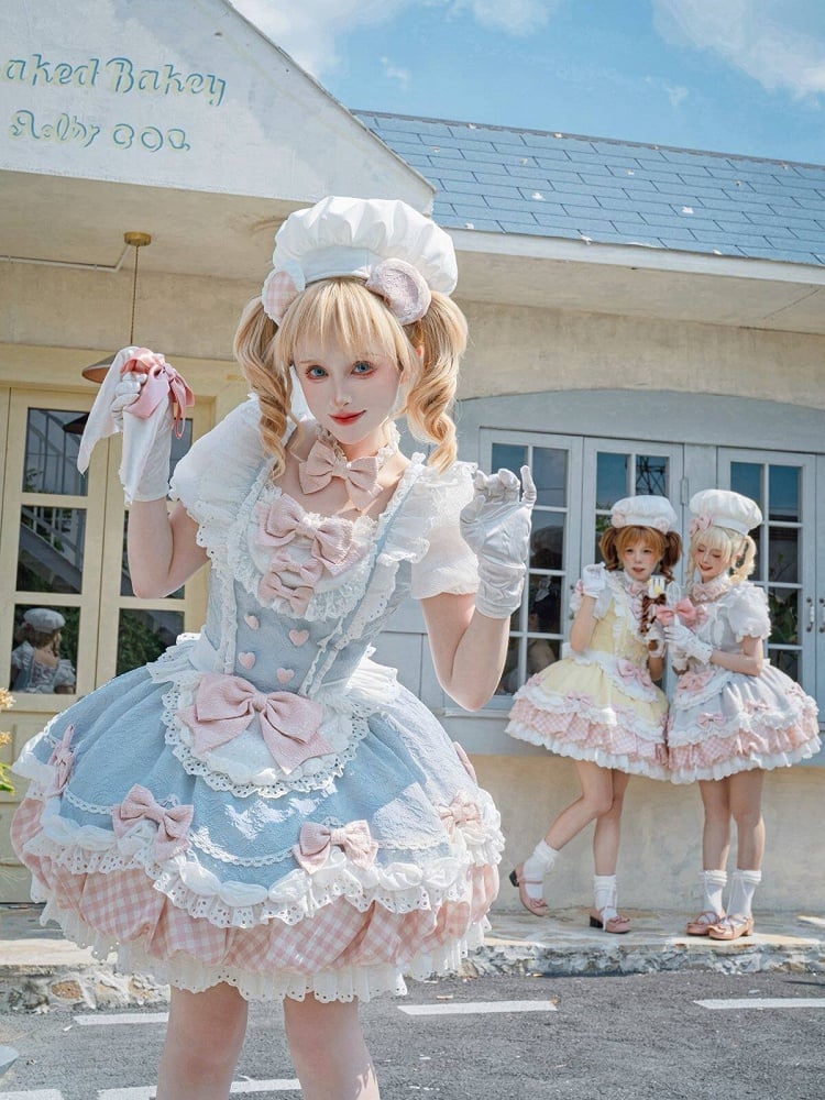 Light Blue Sweet Bow Faux Two-Piece Short Sleeve Lolita OP Dress with Apron - Asleep Townlet