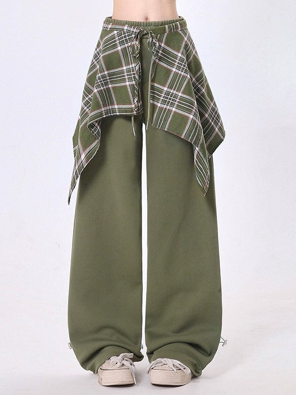 with Pants Light Handkerchief Skirt Detachable Hem Straight-Leg Green Plaid