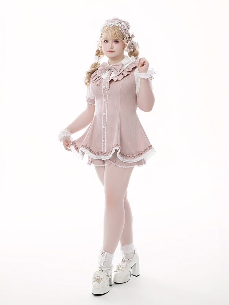 Set - Top Striped Brooch Scalloped Edge with Pink Kei Matching Shorts Bow Jirai