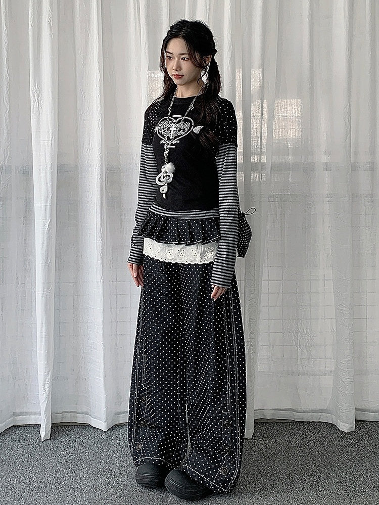 Button Dot Lace-trimmed Polka with Accessory Detachable Accents Black Wide-leg Jeans