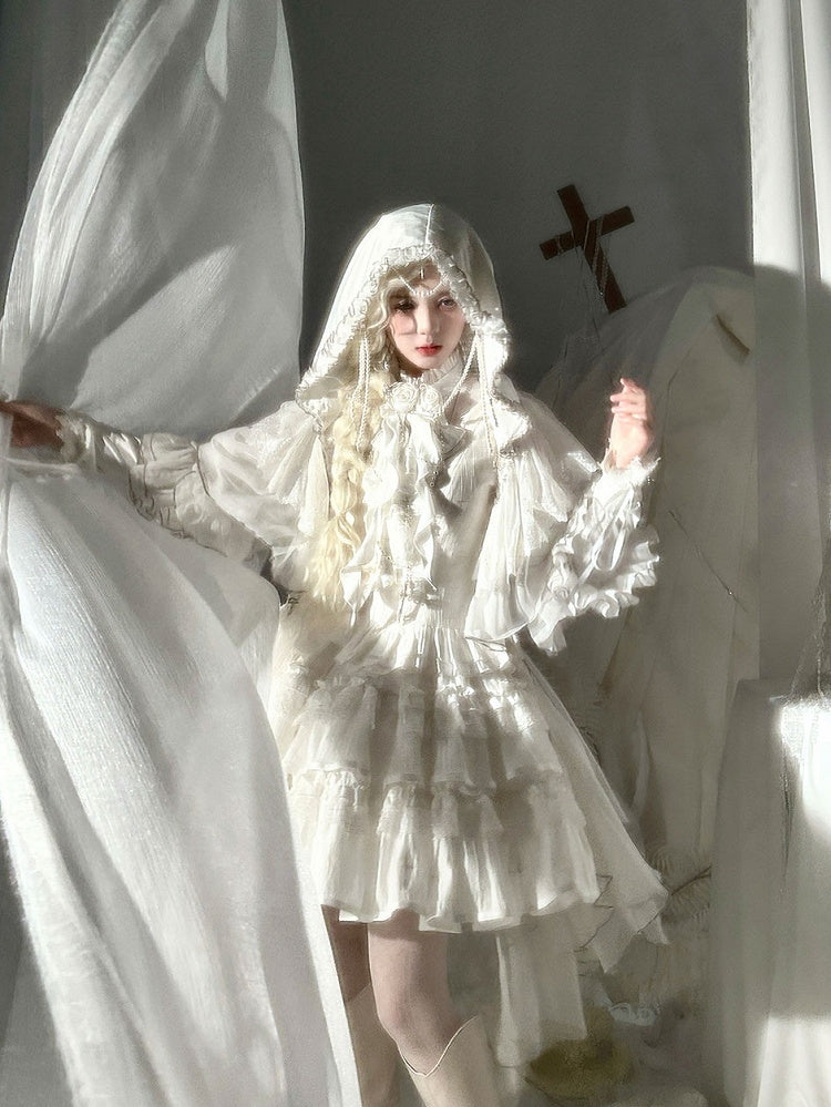 White Shiro Gothic Lolita Ruffle Trim Hooded Top