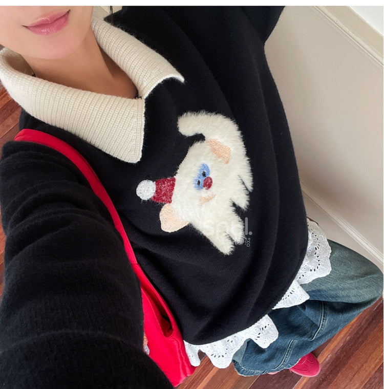 Cute Monkey Pattern Navy Blue Polo Collar Sweater