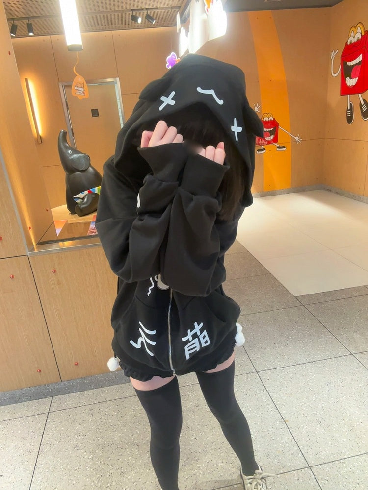 Cartoon Black Cat Print Hoodie with Ear Kitten