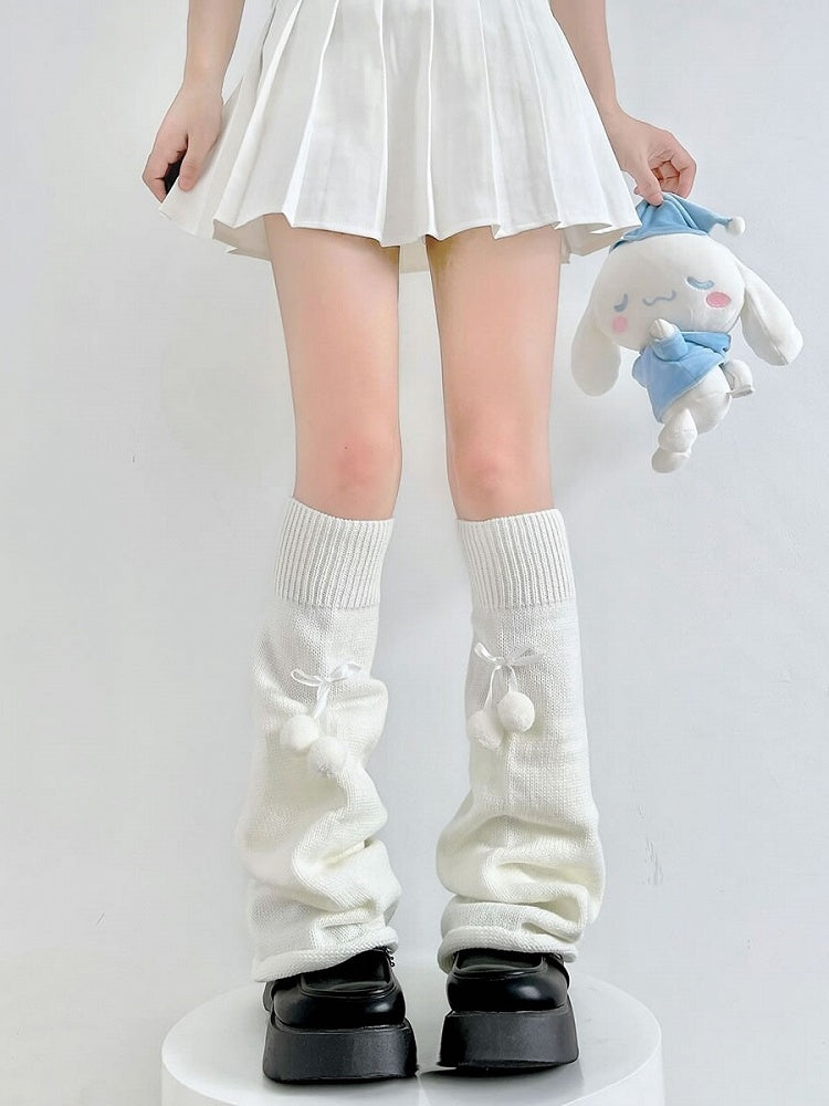 Sweet Lolita Knitted Pompom Bow Leg Warmers - Two Bear Pink