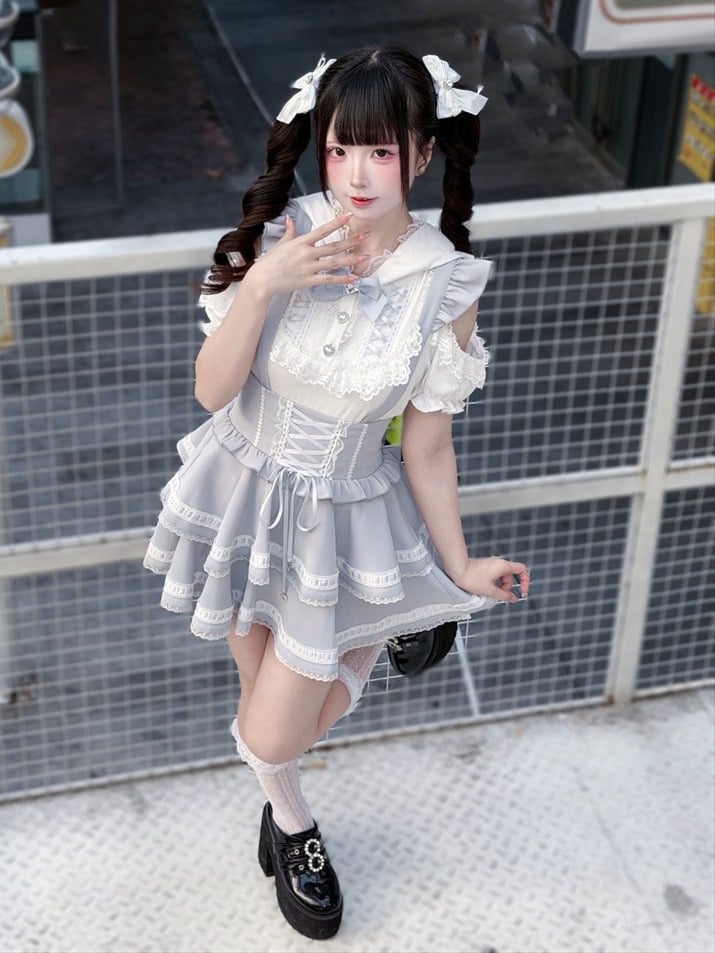 White & Light Blue Cutout Shoulder Bunny Ear Hooded Jacquard Knit Top with Lace and Bow Details - Puppet Bombs