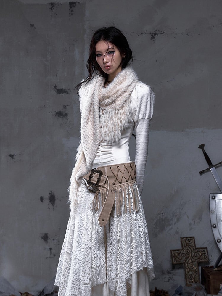 Fringe Vintage Punk Scarf White Long Faux Triangle Mink Y2K