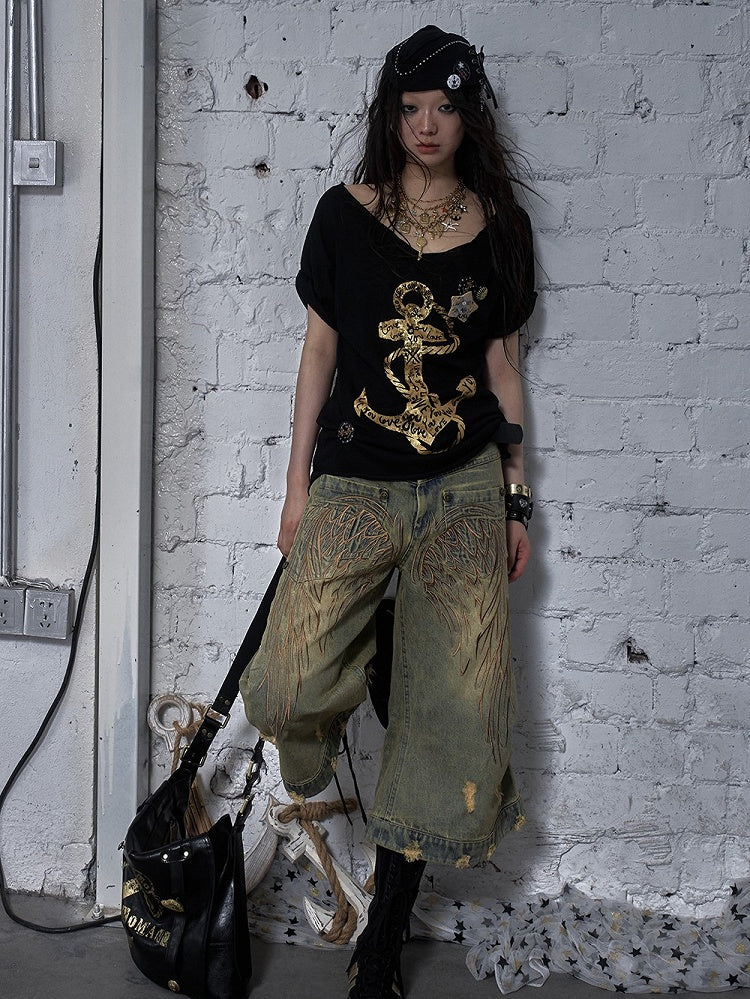 Vintage Wide-leg Jeans Punk Wing Embroidery with Distressed Holes Yellow Angel