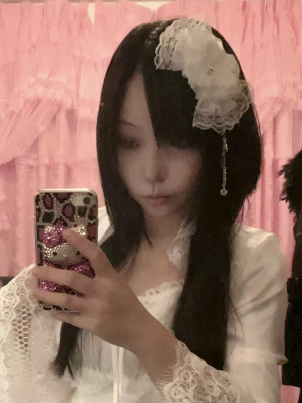 Musical Bowknot Lace Decorated White/Black Hairclip Design And Charm Floral Notes Skeleton Trim Crown