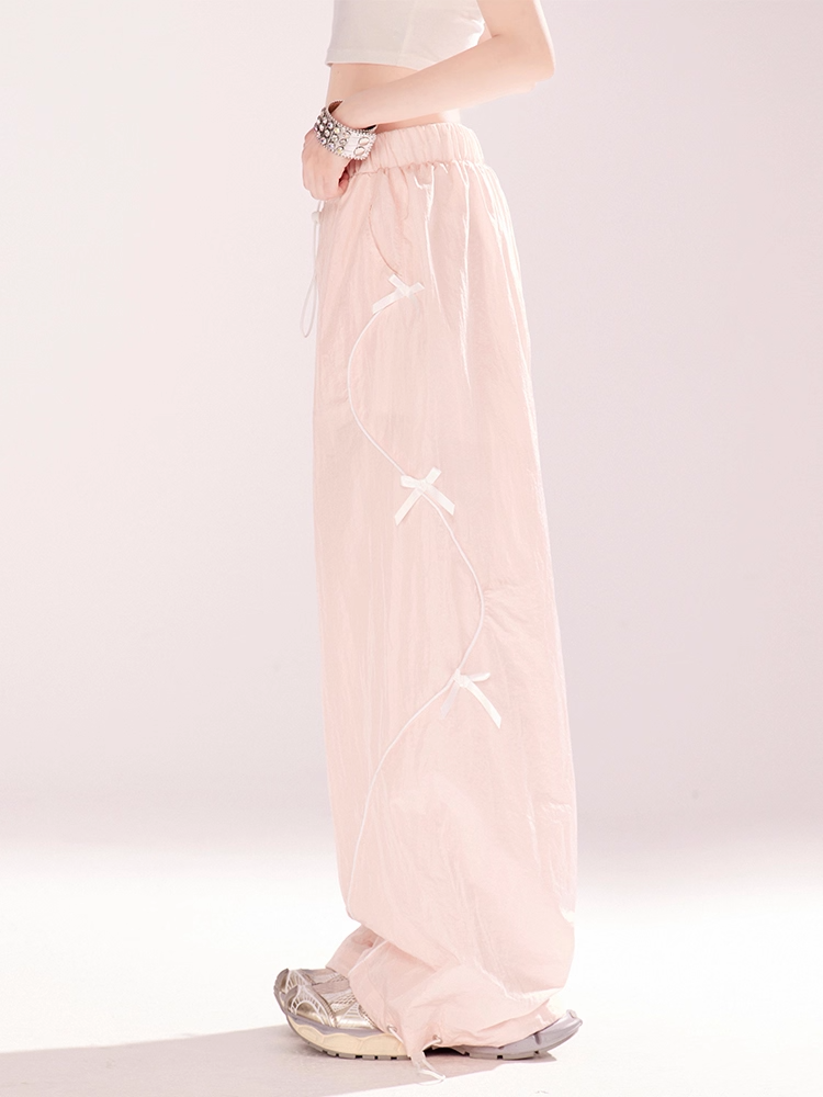 詳細 ワイドレッグカジュアルパンツ ピンクのドローストリングウエストと袖口 蝶結び
