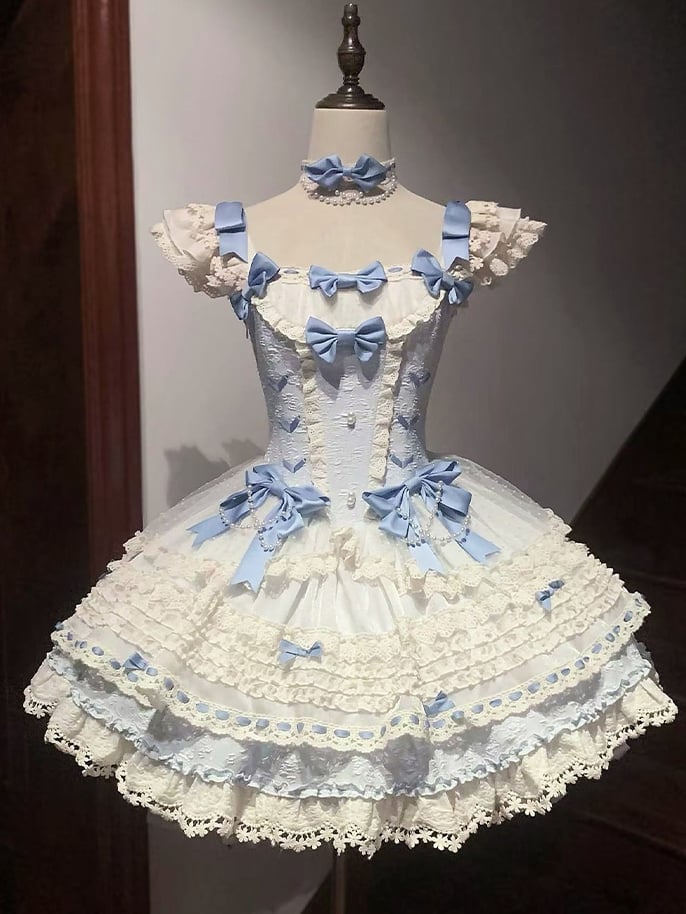 ドレス ボーンド ロリータ ブルー スカート ジャンパー ウエストアクセント バレコア ボウ