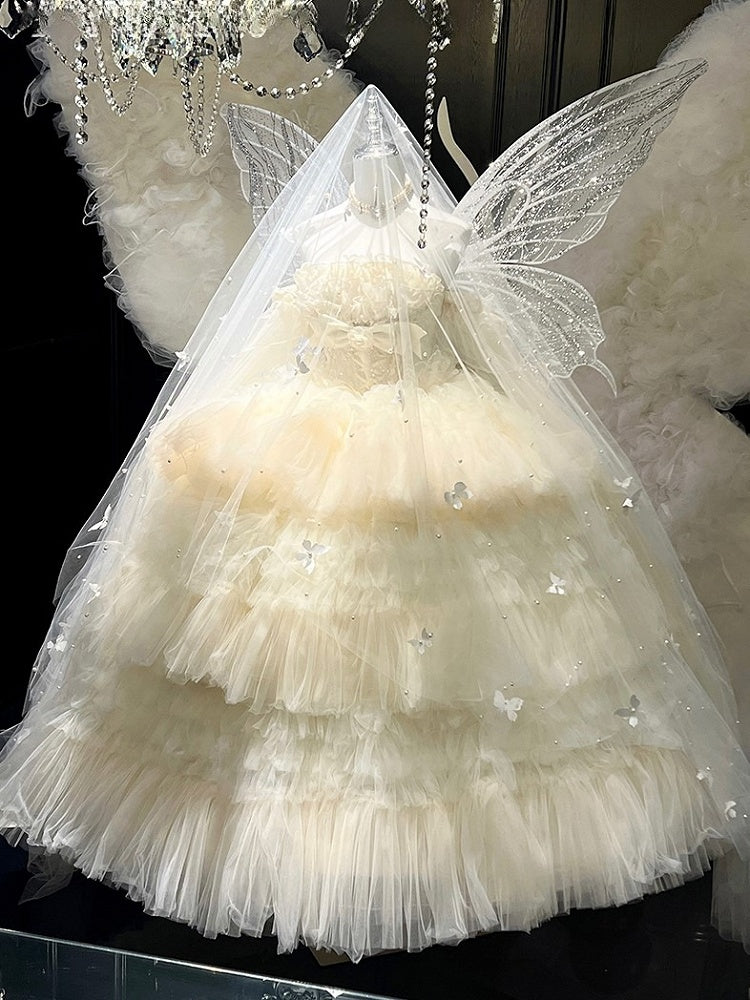 Ruffled Bow Accent with Details Layered Lolita and Tulle Hime White Dress