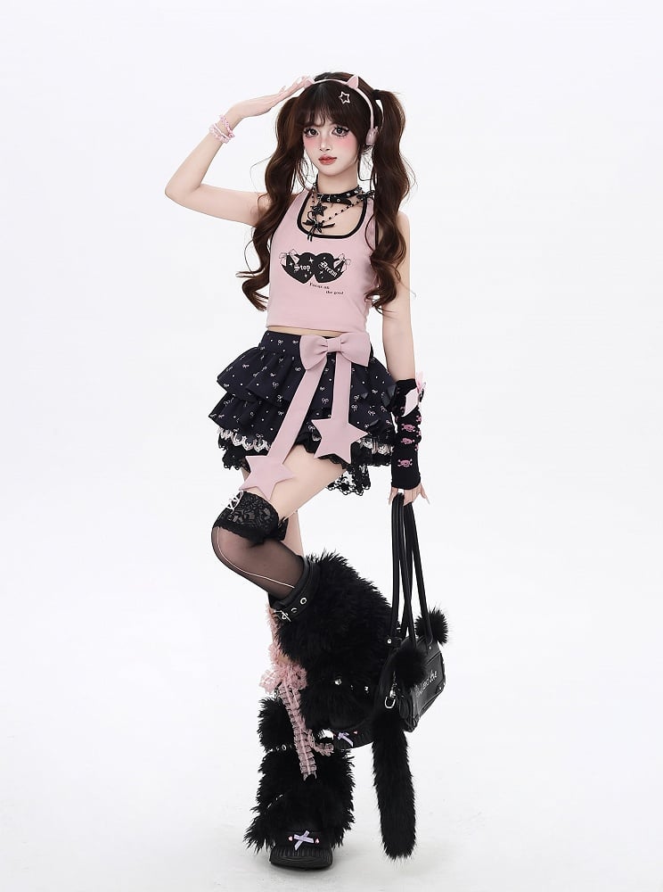 Allover Bowknot Print Gefütterter Stufenrock Schleife Große Borte Rosa Schwarze Spitze