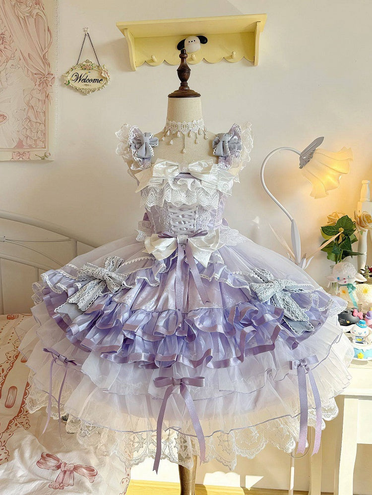 Dress White Layered Bow Princess Skirt and Purple Ruffle with JSK Lolita Accents