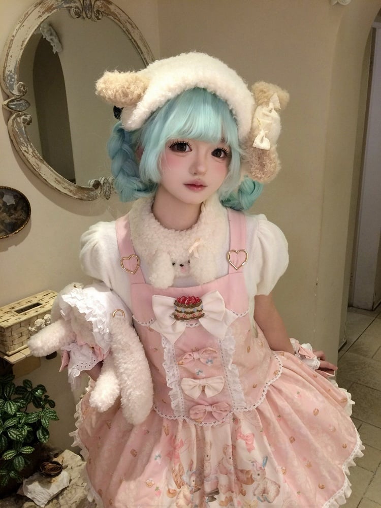 Pink Bear & Strawberry Print Adjustable-Strap Jumper Dress - Honey Village