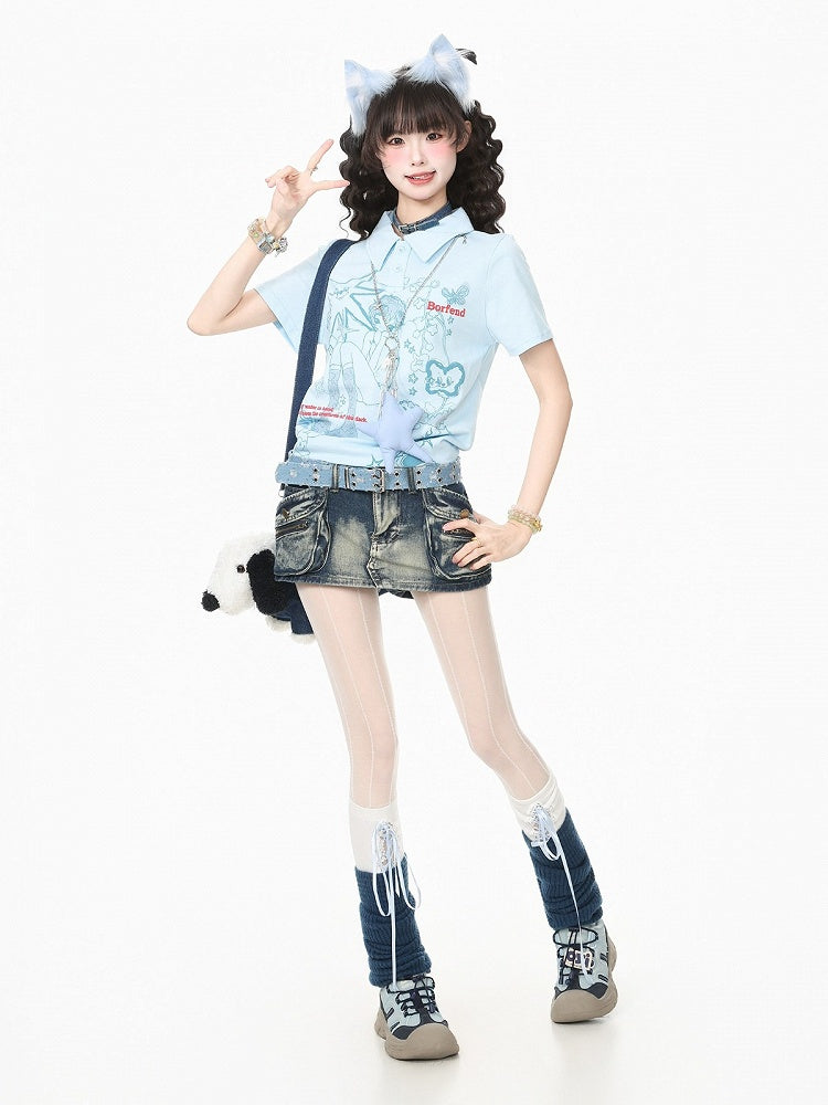 Blue Turn-Down Collar Tee with Anime Graphic - Languid Park