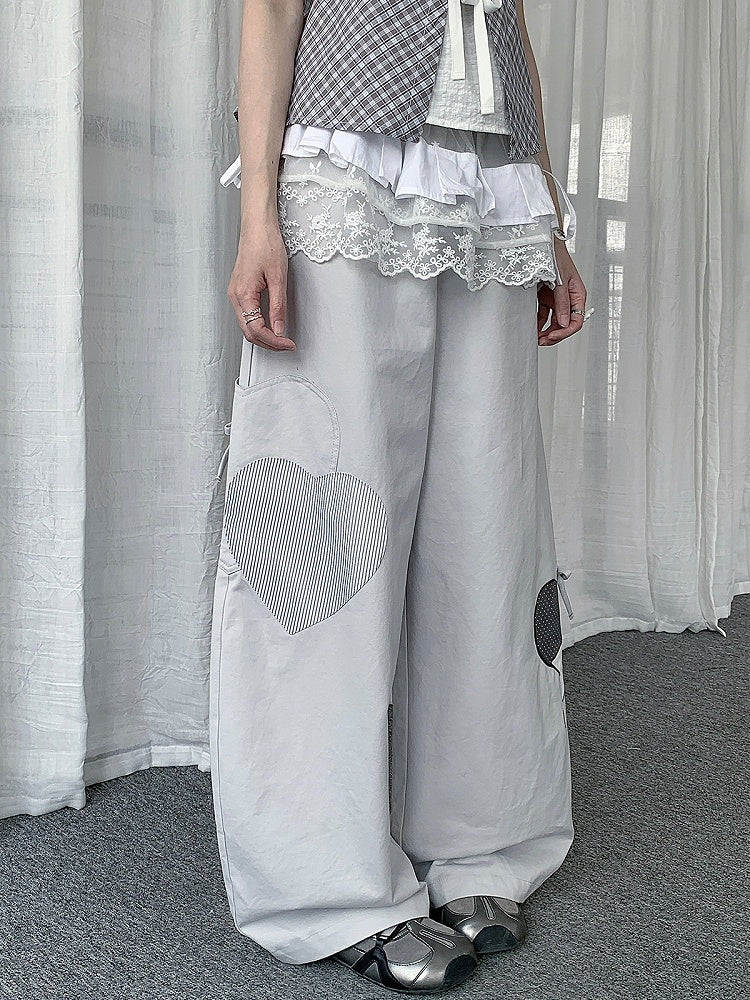 Casual Gray Curved Wide Leg Pants with Star and Heart Pattern - Solkatt