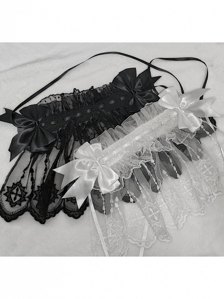 Gothic Bow Ribbon Hairband with Long Lace Trim - Dokisuru