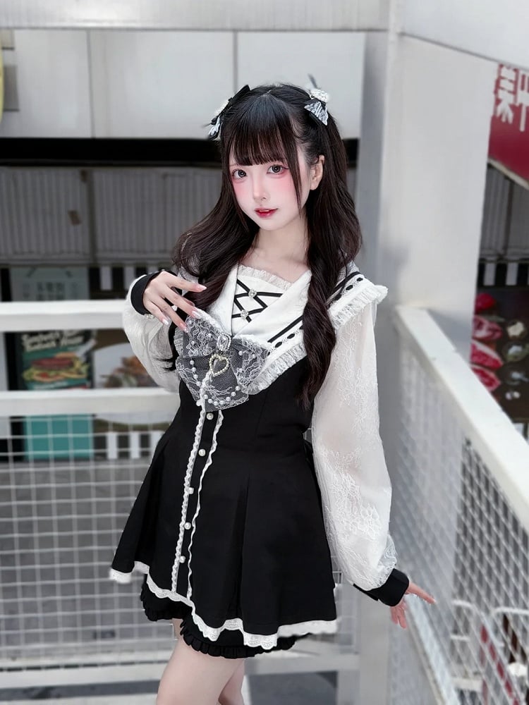 White Set: Jirai Kei Coord with and Collar Black Sailor Matching Nautical Dress Shorts