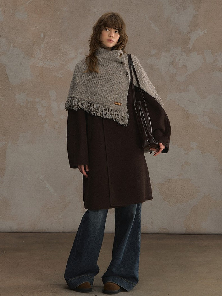 Toggle with Frayed Closure and Knit Edges Shawl Camel/Gray Cozy Winter