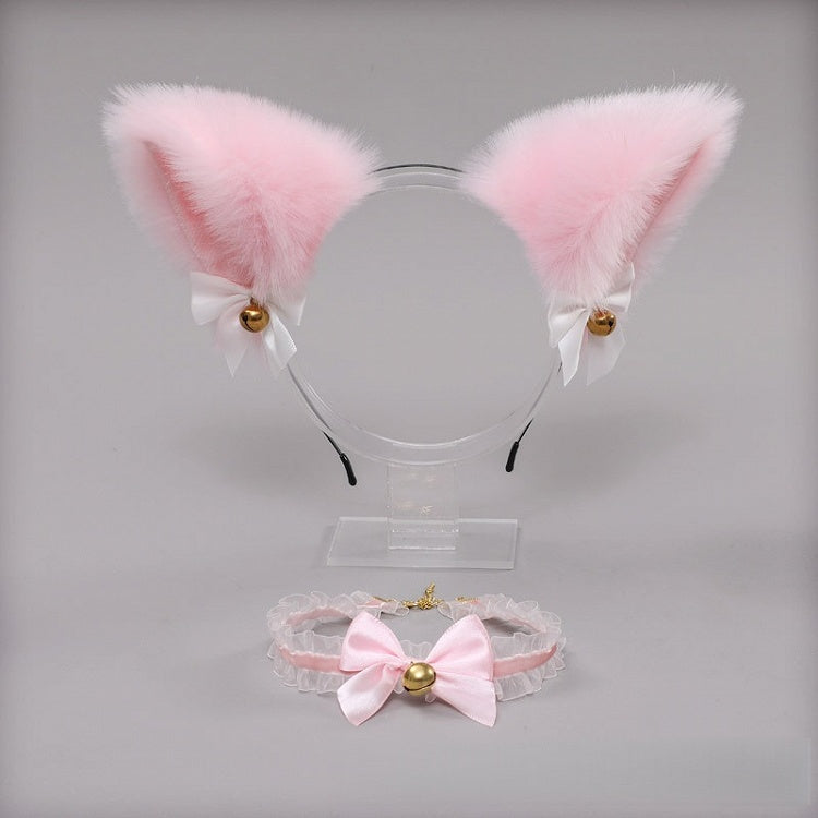 / Choker Black Lolita Pink Bell KC Fur Faux Cute Ear Lace White + Kitty Set Bowknot -