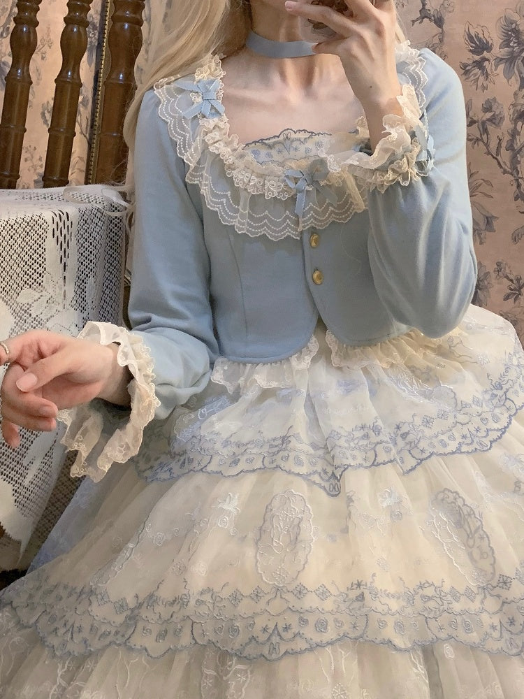 Autumn Trim Fashion Blue Accents Dusty Cropped Lolita Cardigan mit Spitzenschleife und