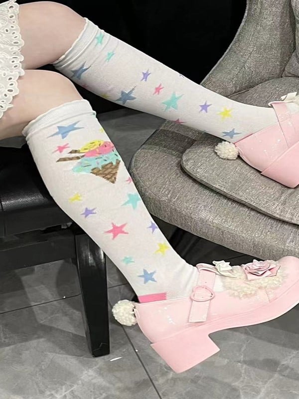 Rosa/Blau/Lila/Gelb/Weiße Lolita-Socken mit Eisdesign und Kalbsdruck in Creme