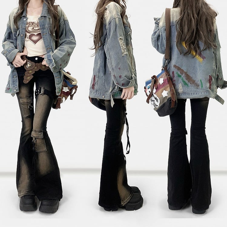 Design Jacke Löcher Distressed Details Blau Print Light Denim