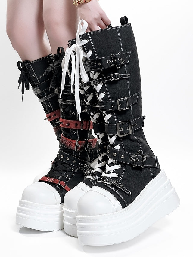 Fastening Boots Platform Punk System Red Black Canvas Hybrid in