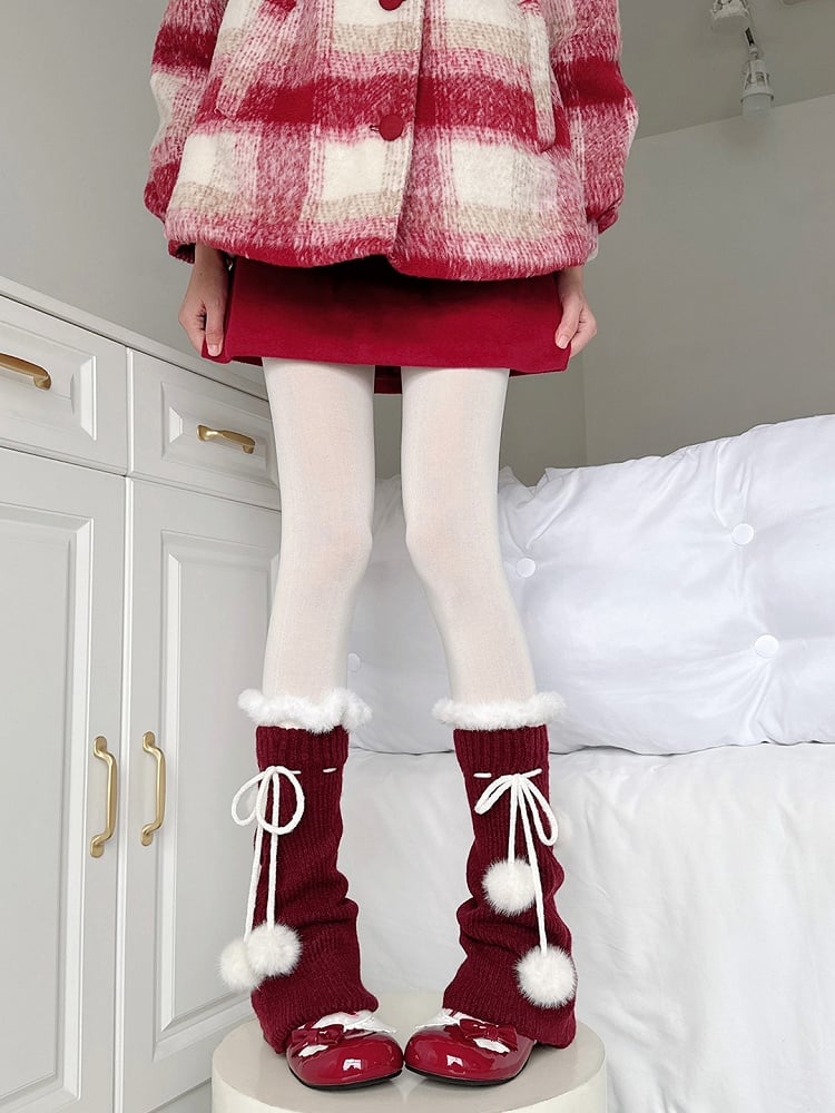 Trim Warmers Leg Pom-pom Decorations Red and Drawstring Wine Knitted Fleece White with