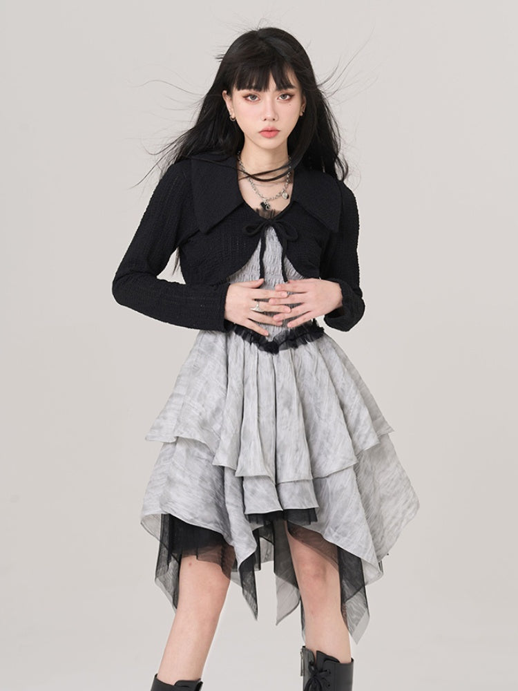 Gray Handkerchief Hem Ruffled Lace Trim Vintage Cami Dress