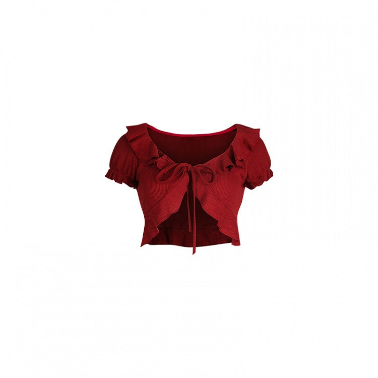 Puff Sleeves Cardigan Knit Tie and Red with Closure