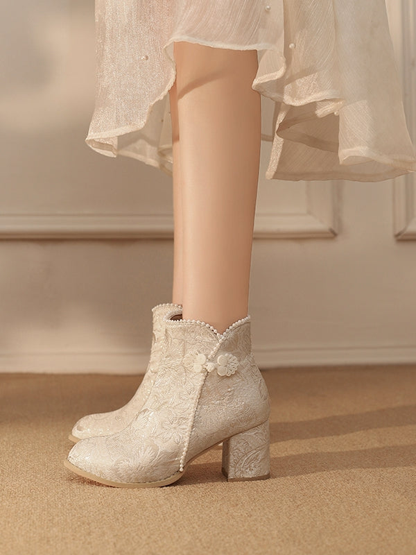 Qi Embellishments Regular/Thicken Version Boots Frog Lolita Accent Beige Button Satin Beads Floral -