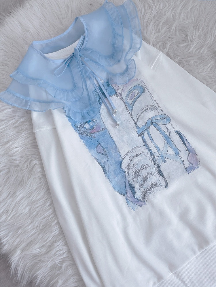 Tenshi Core Jirai Kei Light Blue Printed Sweatshirt Dress with Detachable Organza Faux Collar