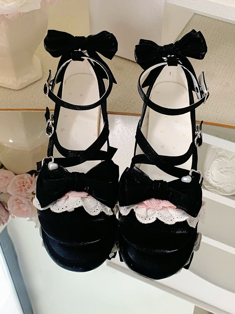 Buckle Top at Crisscross Detachable Buckles Design With Straps Ankle Shoes Lolita Heart Bow Dual Black Sweet