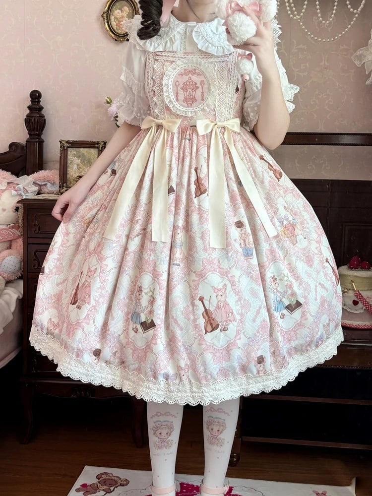 Violin Print and Sweet Waist Lolita Yellow Bunny Light Dress JSK High