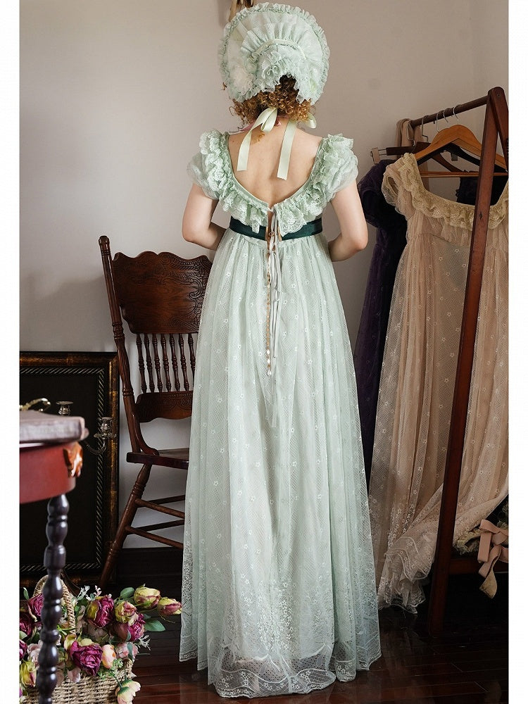 Elegant Empire Waist Dress with Puff Sleeves in Soft Green - Eden Planet