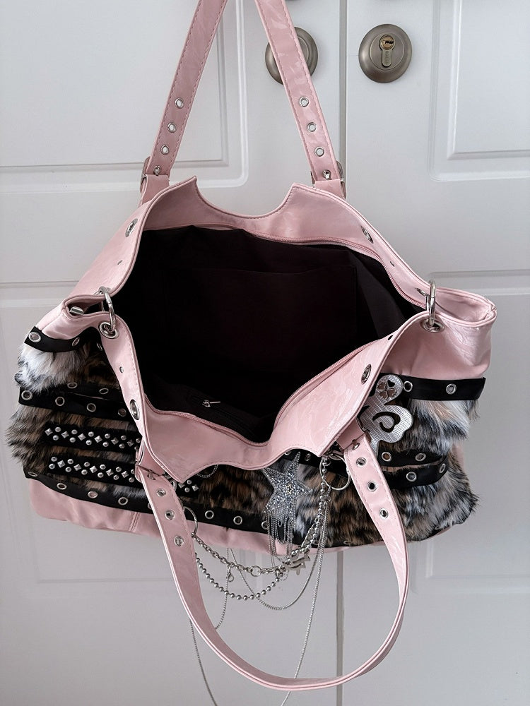 Pink Plush Y2K Tote with Star & Music Notes - Black Cherry Sauce