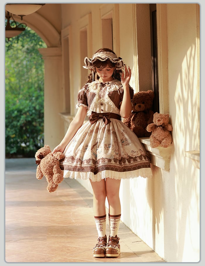 Teddy and Sweet Brown Lolita Print Ruffle Round Dress Neck Kitty OP