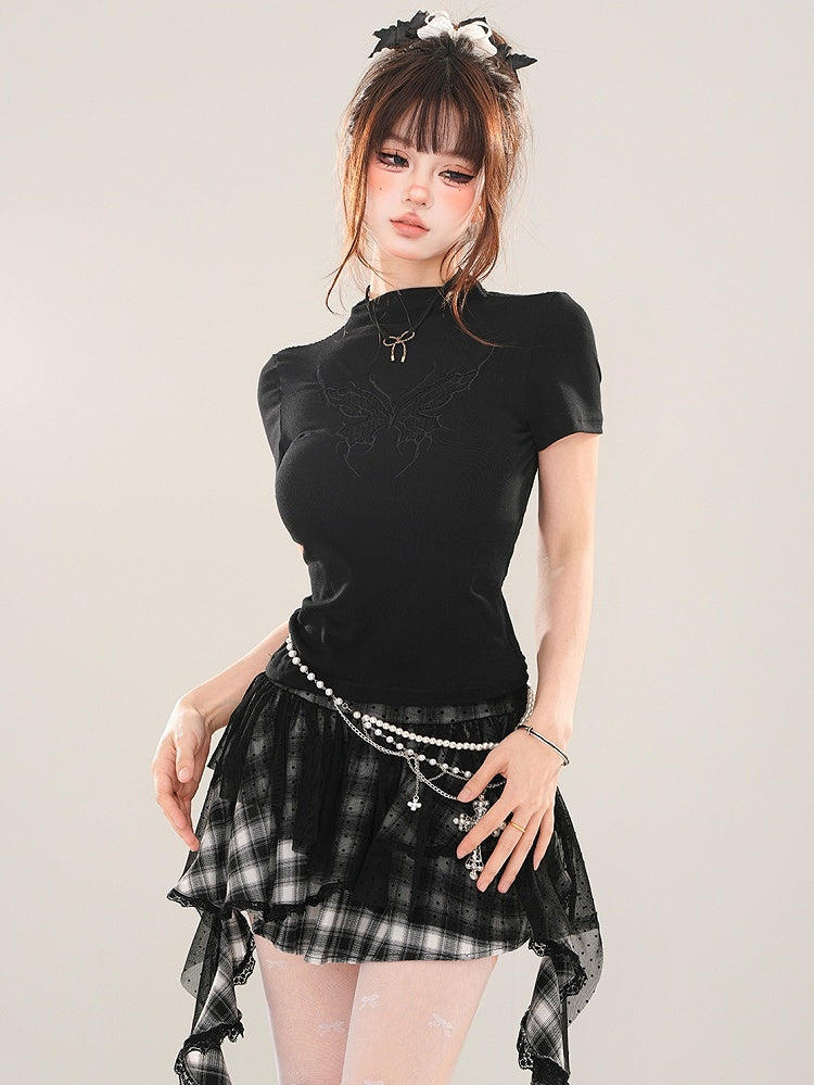 ブラック/ホワイト バタフライ モックネック Tシャツ 背中にレースパッチワーク