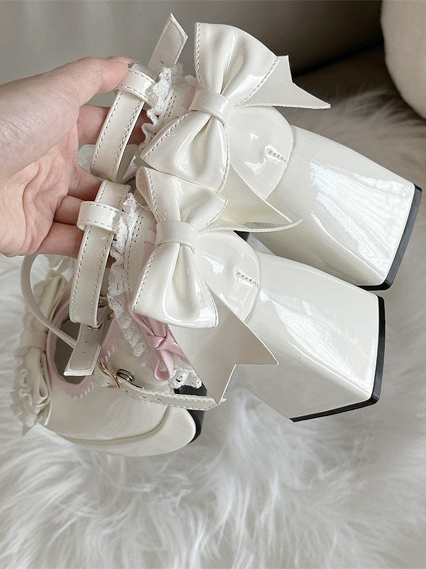 Elegant in - Shoes Decor Lolita Bow High Block Snap Platform Round-Toe Heel Heart-Shaped White