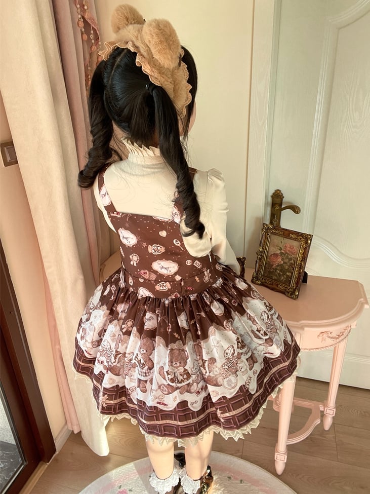 Coffee Teddy Bear Sweet Lolita JSK - Chocolate Print with Lace & Big Bow