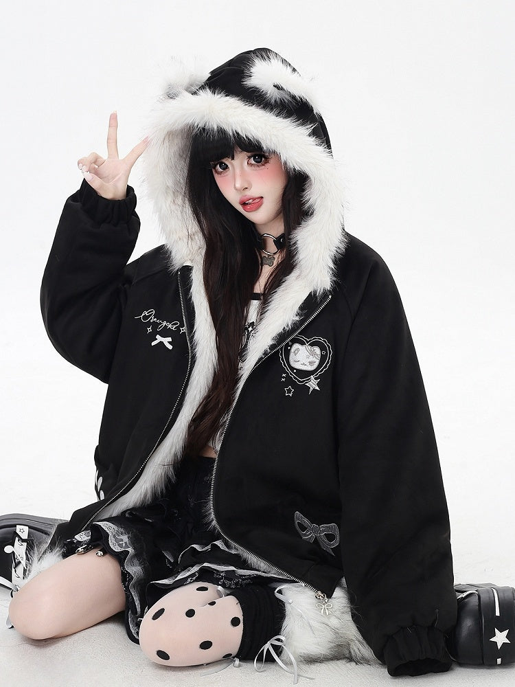 Pocket Kitty Hood Bittersweet Paw Bow Hooded - Ear Embroidery Fleece with Jacket Black/Pink